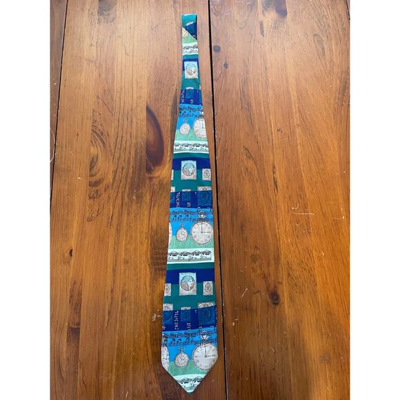 Structure Men Neck Tie All Silk Pocketwatch Musical Note Design Made in USA Blue - Picture 2 of 5